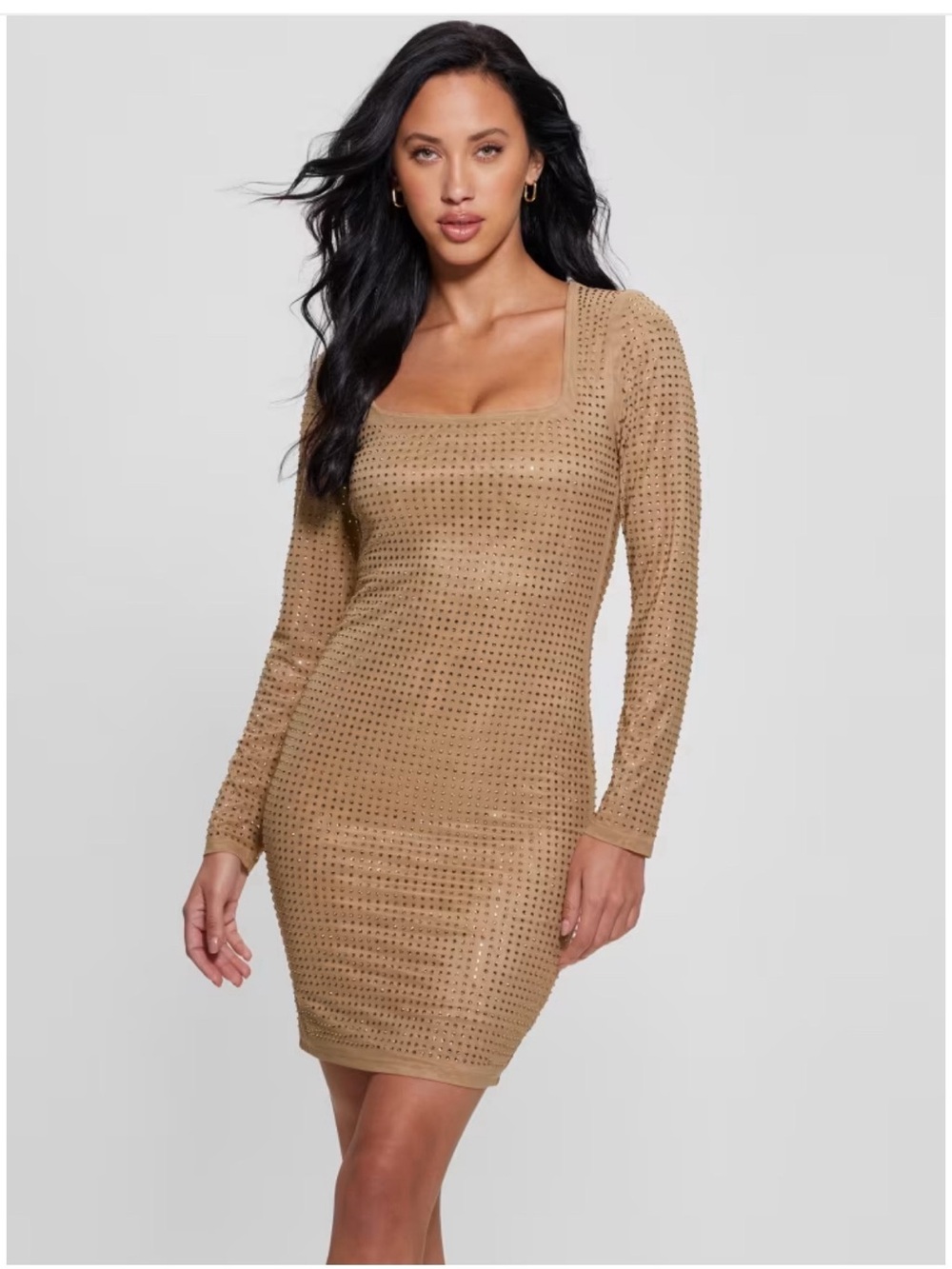 Guess Tan Studded Long Sleeve Square Neck Dress